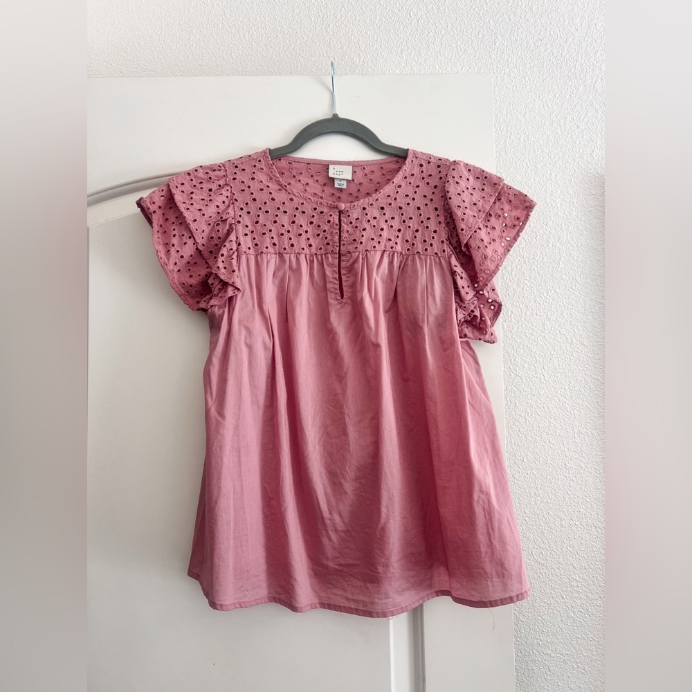 A New Day - Ruffle Sleeve Keyhole Button Blouse - Blush - Size S